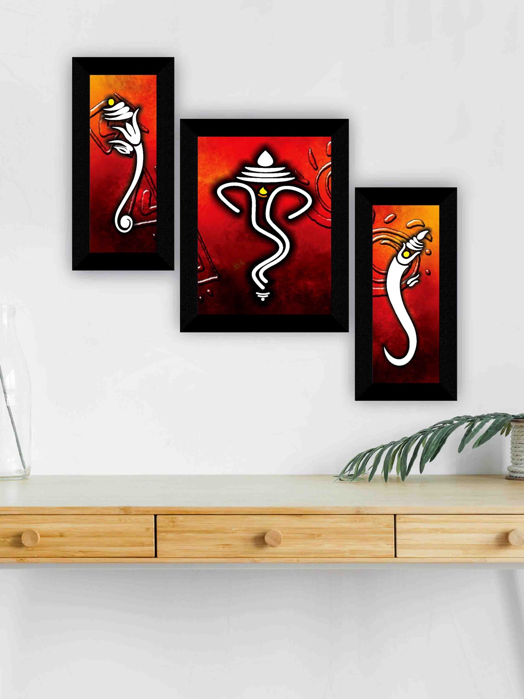 

SAF Red & White 3 Pieces Ganesha Religious Framed Wall Painting