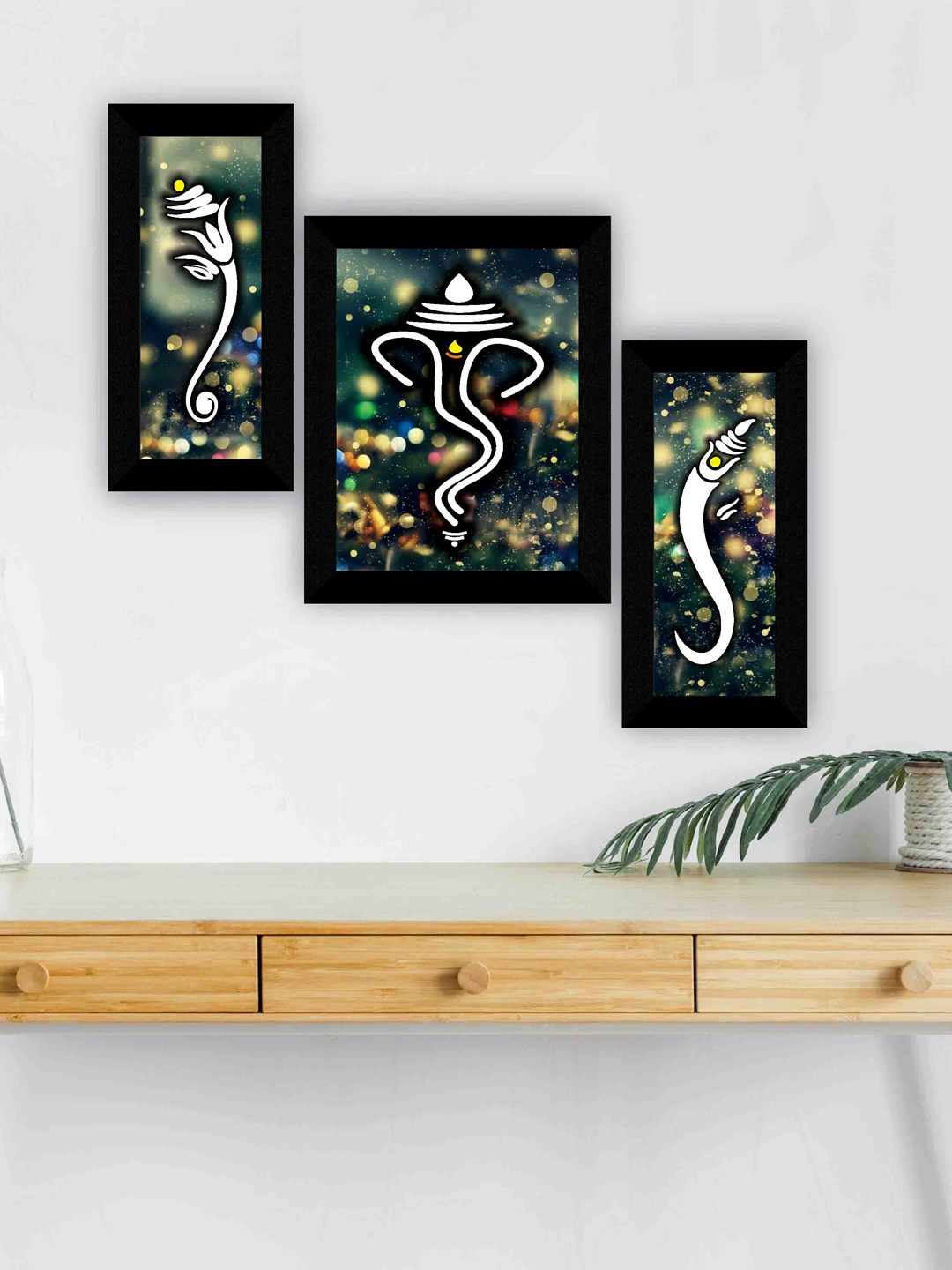 

SAF Black & Green 3 Pieces Ganesha Religious Framed Wall Painting