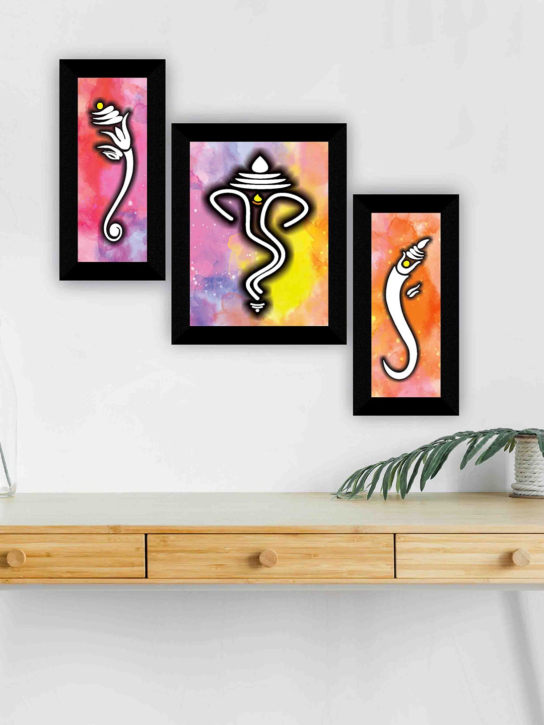 

SAF Red & Purple 3 Pieces Ganesha Religious Framed Wall Painting