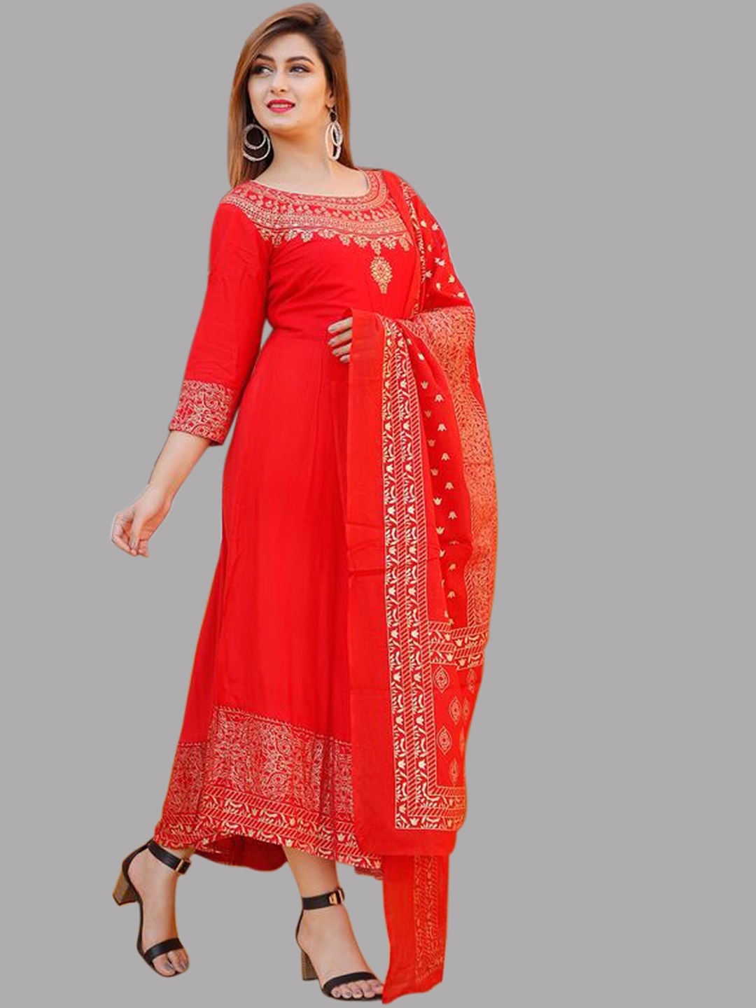 

SkyaSia Ethnic Motifs Printed Anarkali Kurta with Dupatta, Red