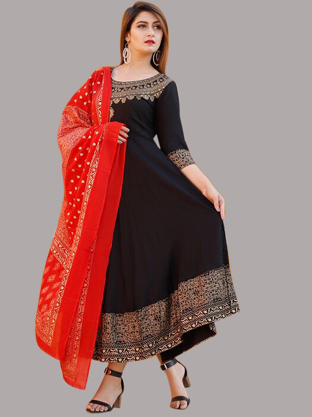 

SkyaSia Ethnic Motifs Printed Anarkali Kurta with Dupatta, Black