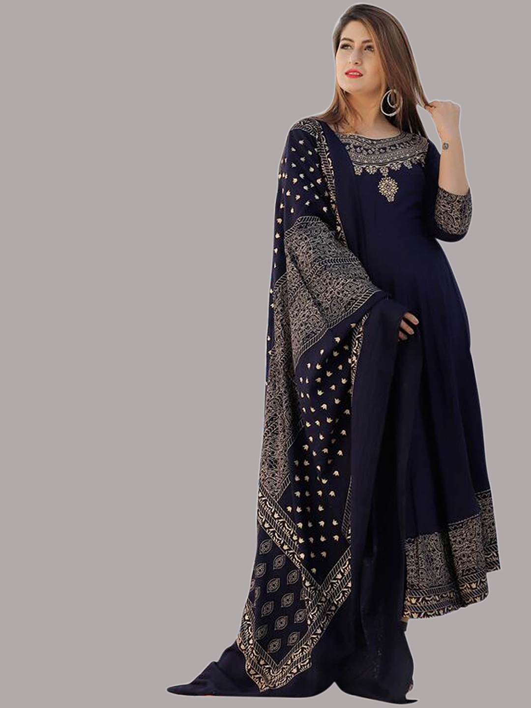 

SkyaSia Ethnic Motifs Printed Anarkali Kurta with Dupatta, Navy blue