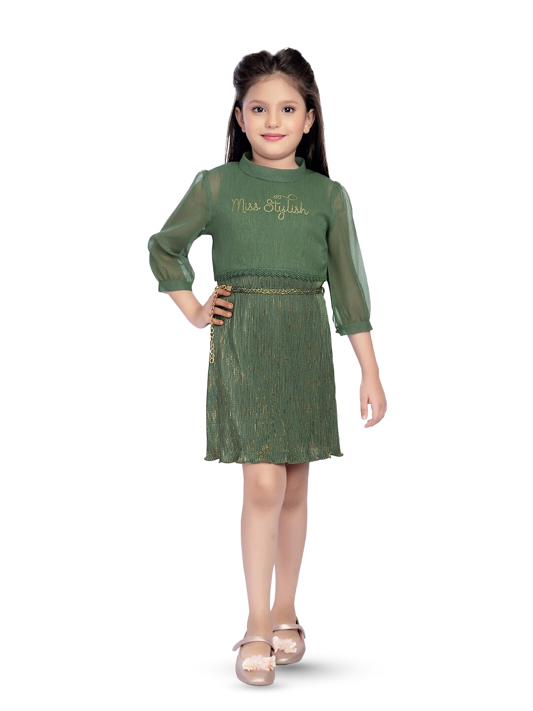 

Tiny Baby Girls Accordion Pleats Satin A-Line Dress With Cover Up Top & belt, Olive