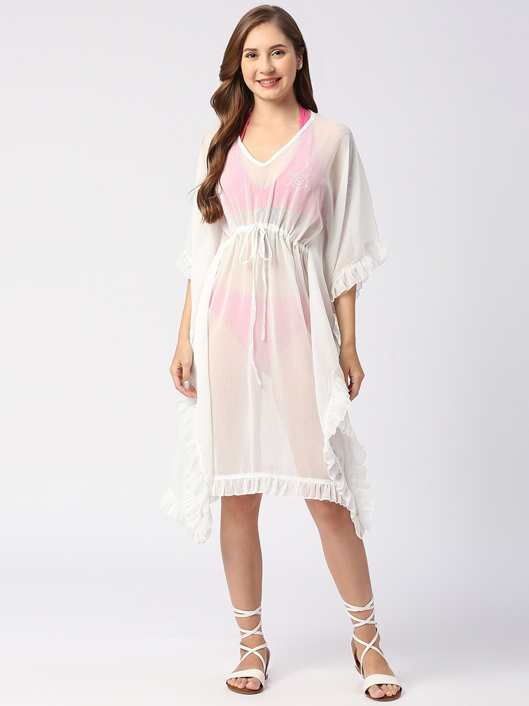 

Smarty Pants Women White Chiffon Solid Kaftan Swimwear Cover Up Top