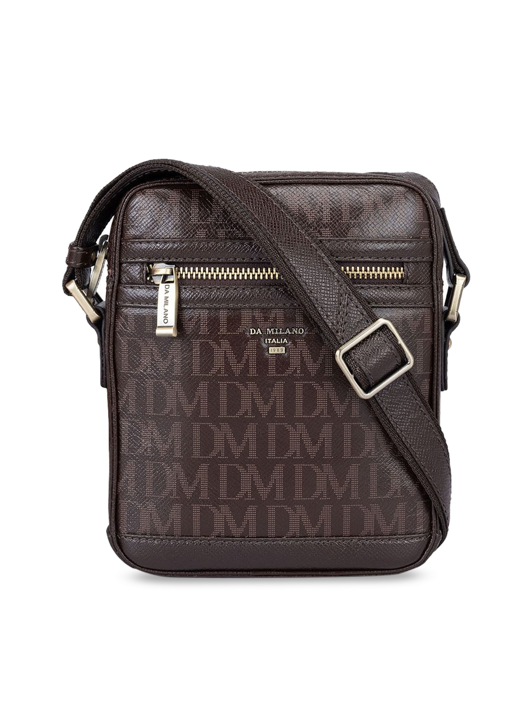 

Da Milano Typography Printed Leather Structured Sling Bag, Brown