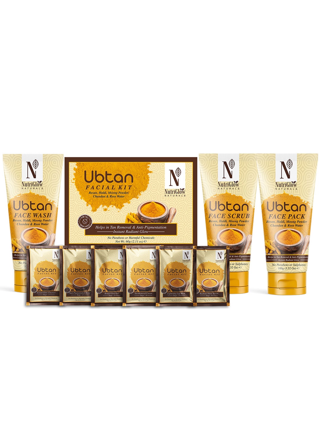 

NutriGlow Naturals Ubtan Face Wash 100g+ Face Scrub 100g + Face Pack 100g + Facial Kit 60g, Yellow