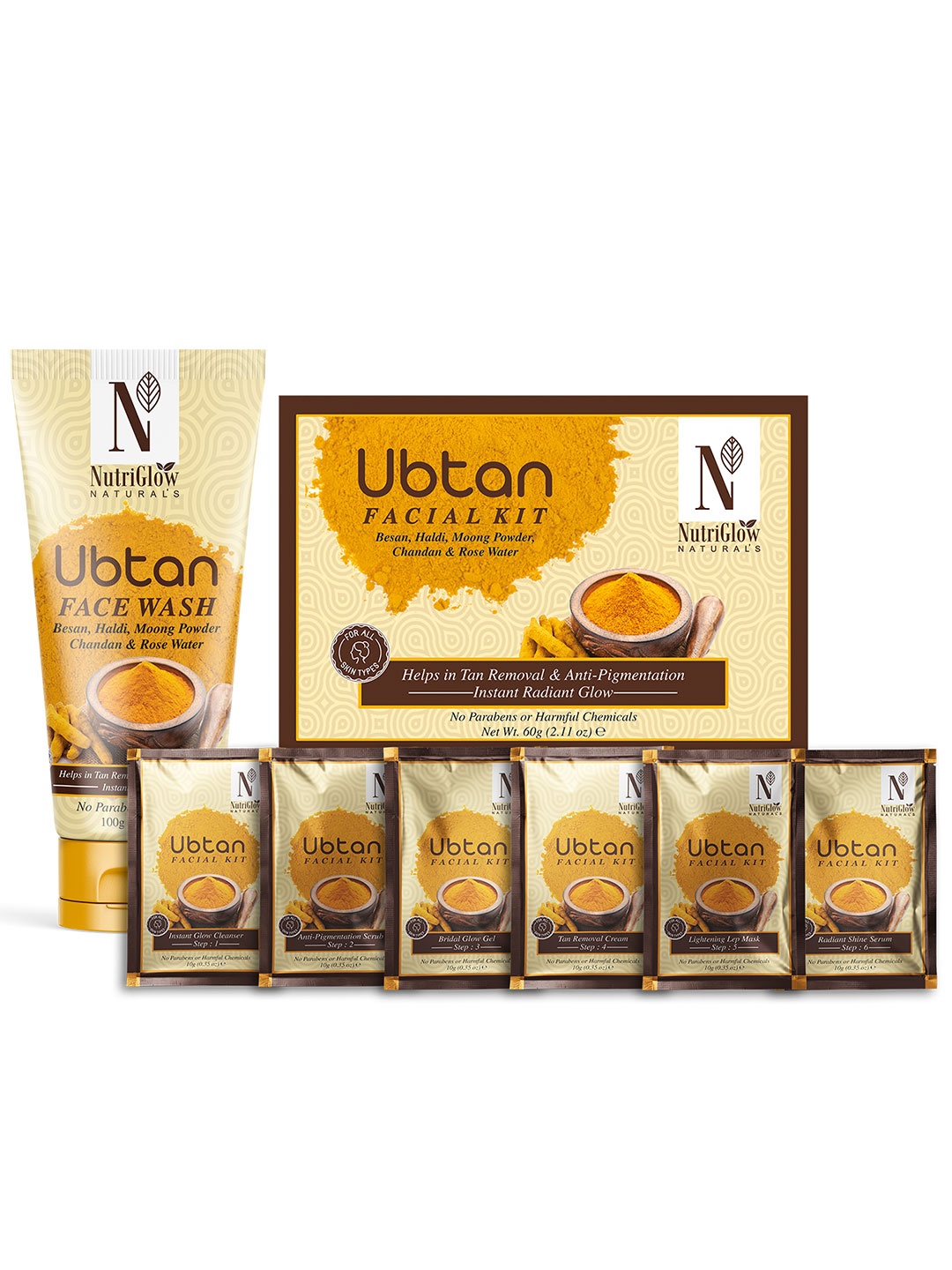 

NutriGlow Naturals Ubtan Tan Removal Face Wash 100g & 6 Step Facial Kit 60g, Yellow