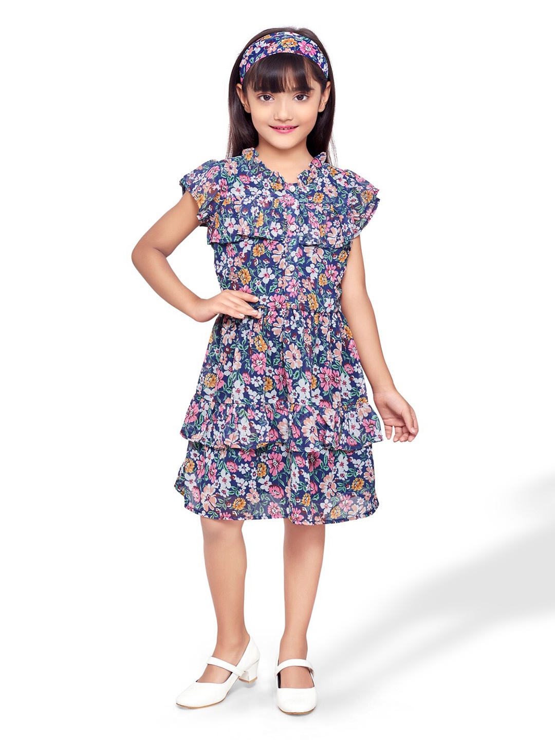 

Doodle Girls Floral Print Chiffon Fit & Flare Dress, Navy blue