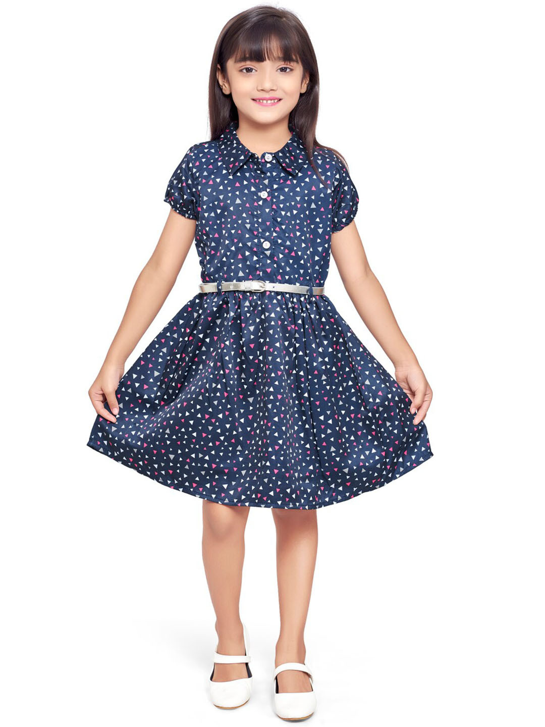 

Doodle Girls Printed Satin Fit & Flare Dress, Navy blue