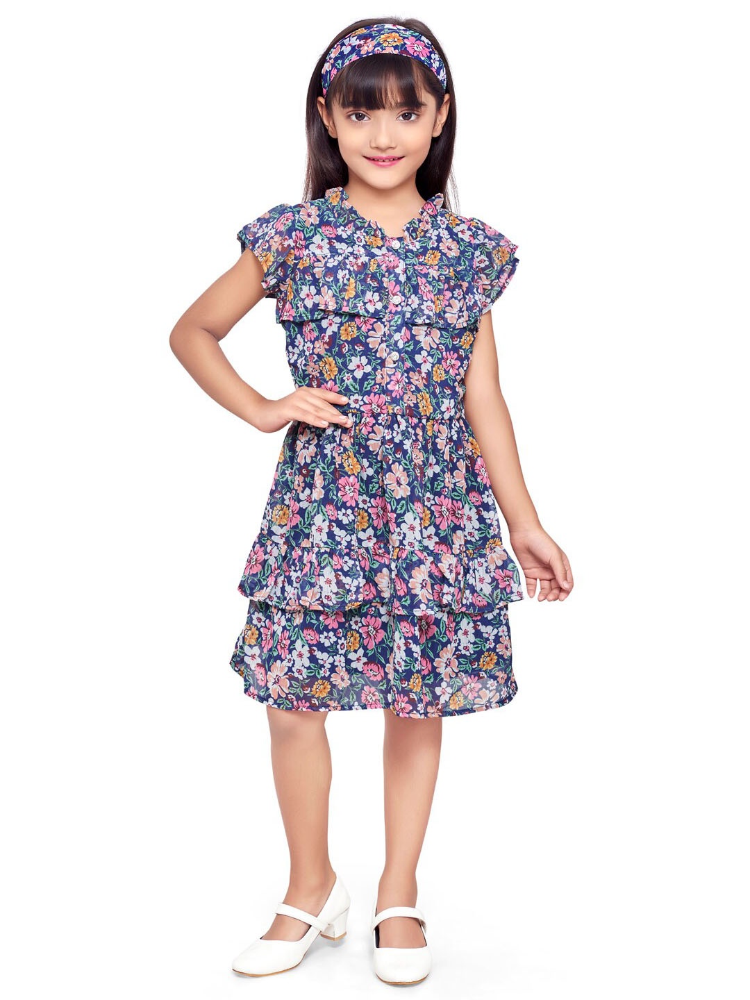 

Doodle Girls Floral Print Chiffon Fit & Flare Dress, Navy blue