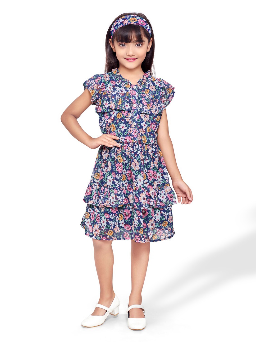 

Doodle Girls Floral Print Chiffon Fit & Flare Dress, Navy blue
