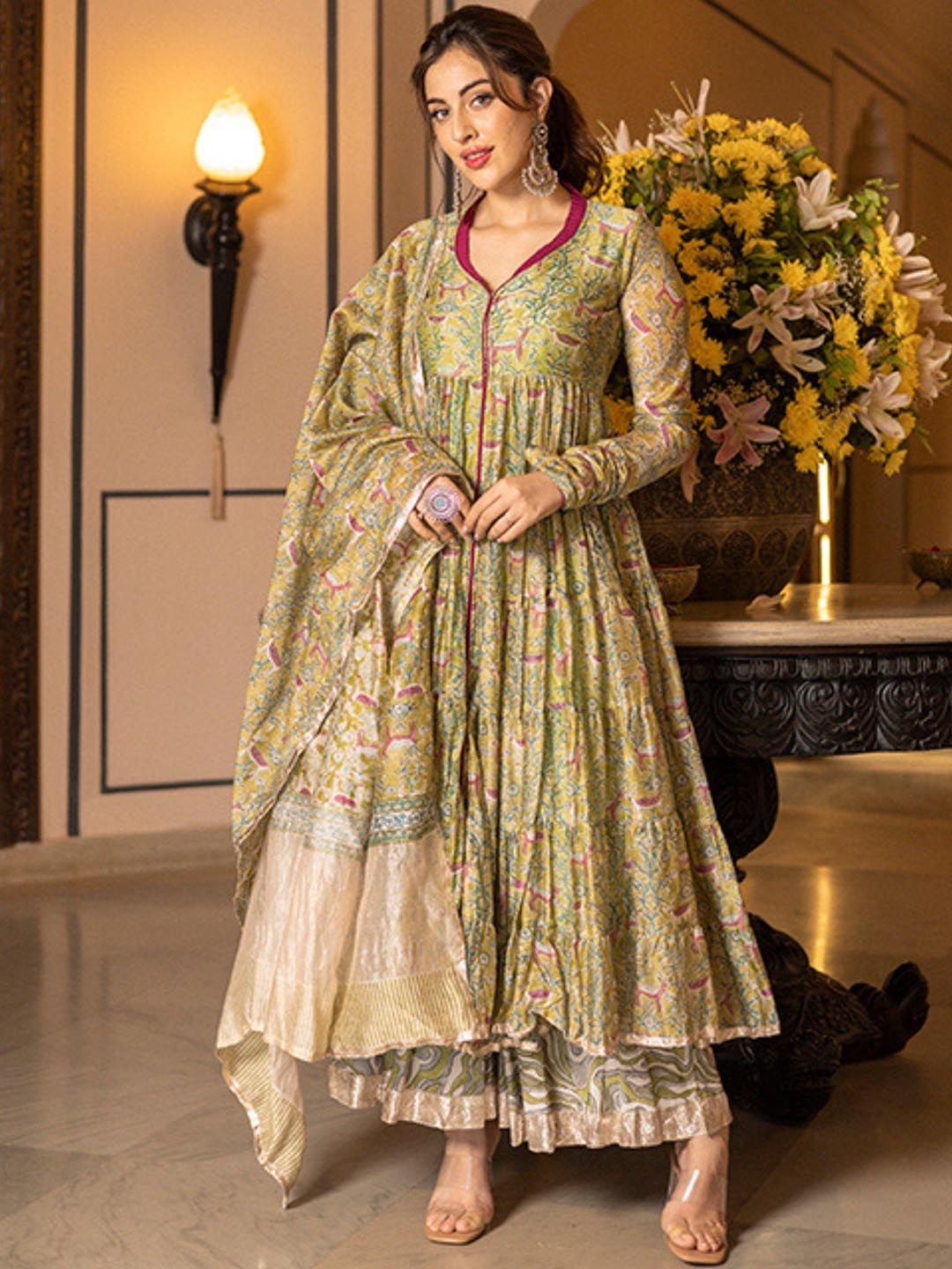 

AACHHO Floral Printed Gotta Patti Anarkali Kurta With Sharara & Dupatta, Green