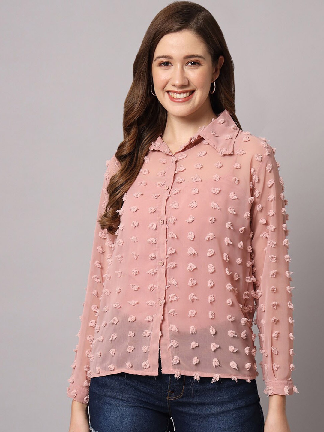 

Funday Fashion Self Design Spread Collar Sheer Shirt, Peach