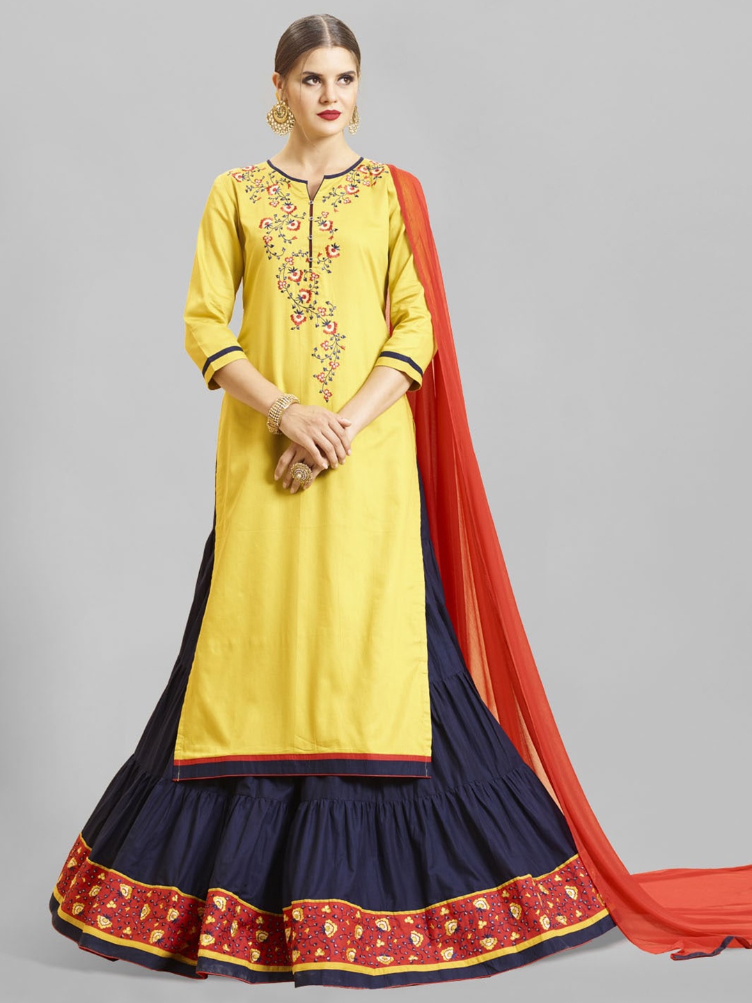 

Kvsfab Yellow & Blue Embroidered Satin Semi-Stitched Dress Material