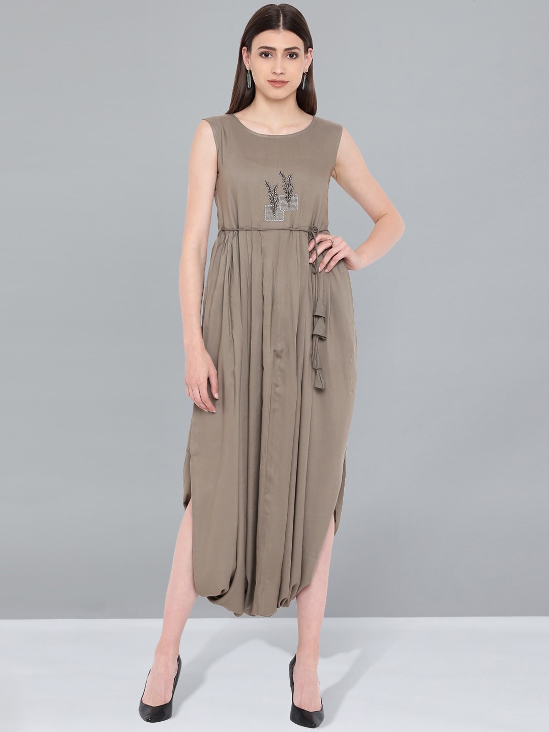 

Kvsfab Gathered Sleeveless Printed A-Line Dress, Taupe