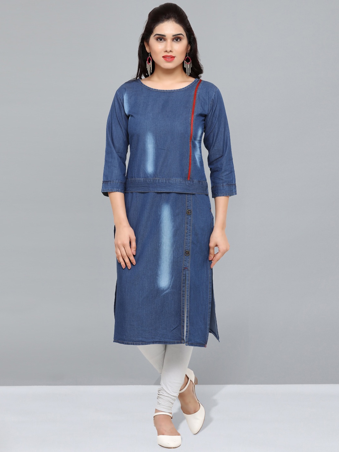 

Kvsfab Round Neck Straight Cotton Kurta, Blue