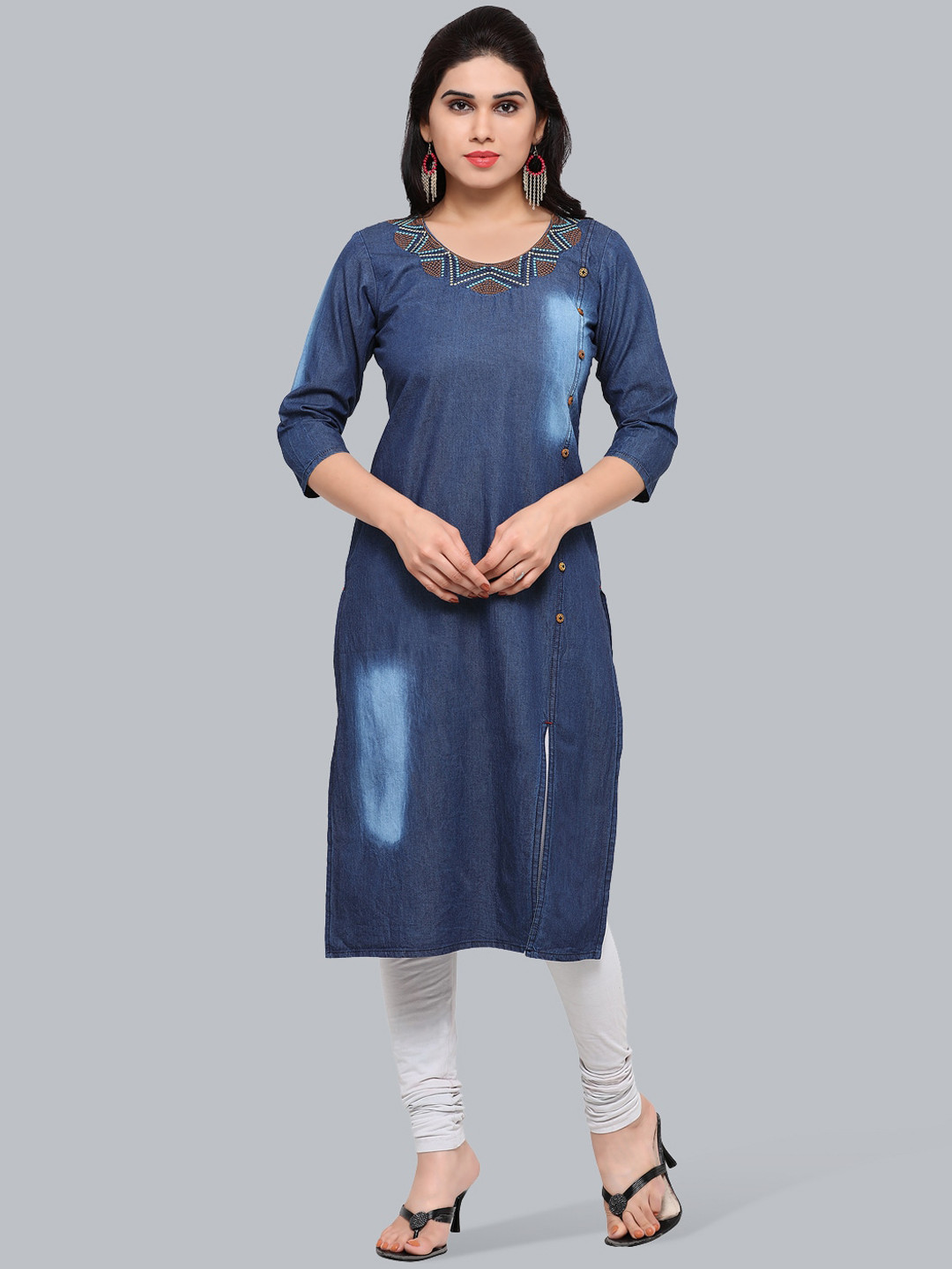 

Kvsfab Thread Work Straight Cotton Kurta, Blue