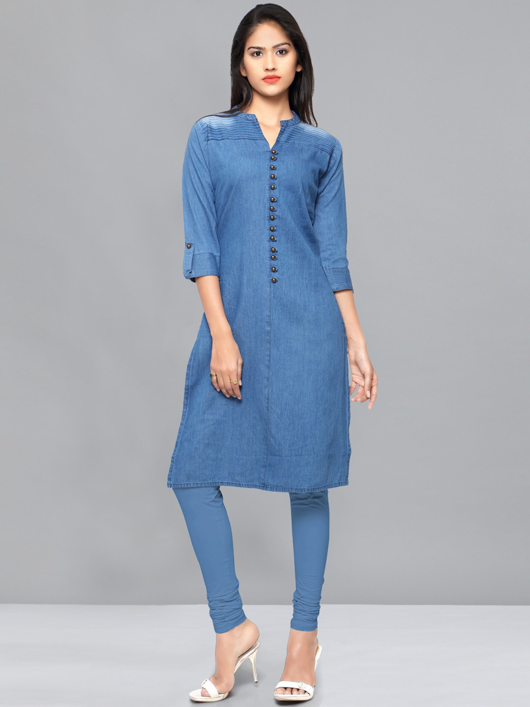 

Kvsfab Mandarin Collar Denim Straight Cotton Kurta, Blue