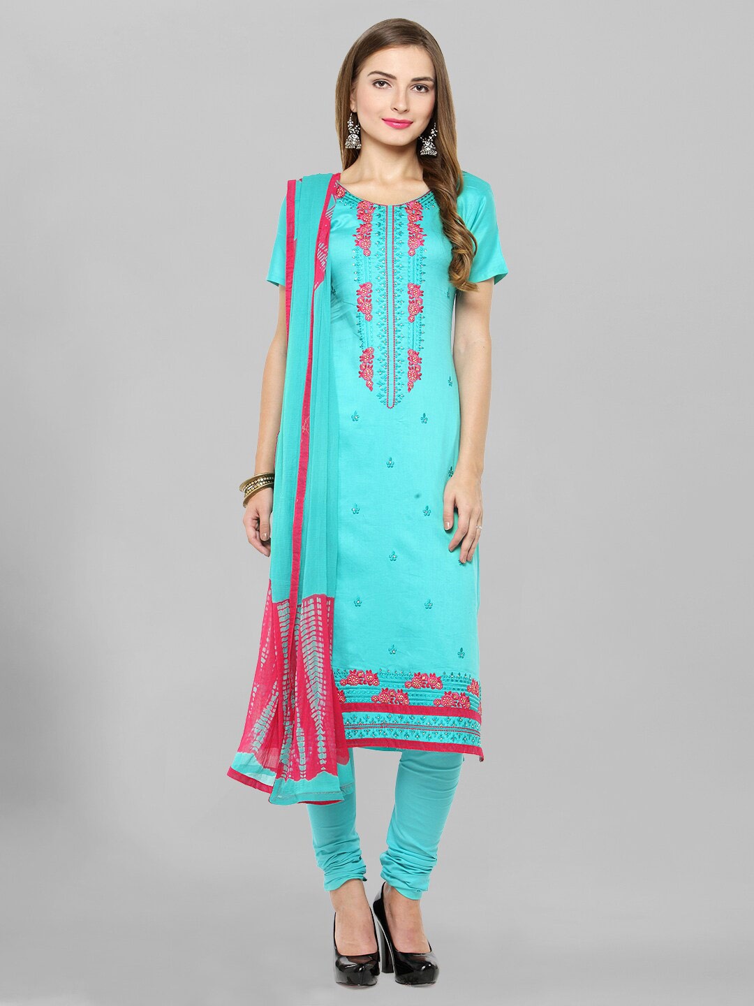 

Kvsfab Turquoise Blue & Pink Embroidered Satin Unstitched Dress Material