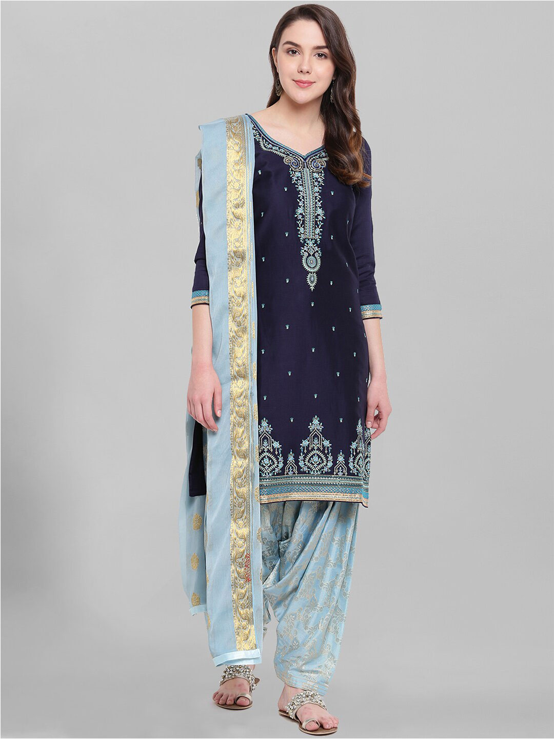 

Kvsfab Navy Blue & Gold-Toned Floral Embroidered Unstitched Dress Material