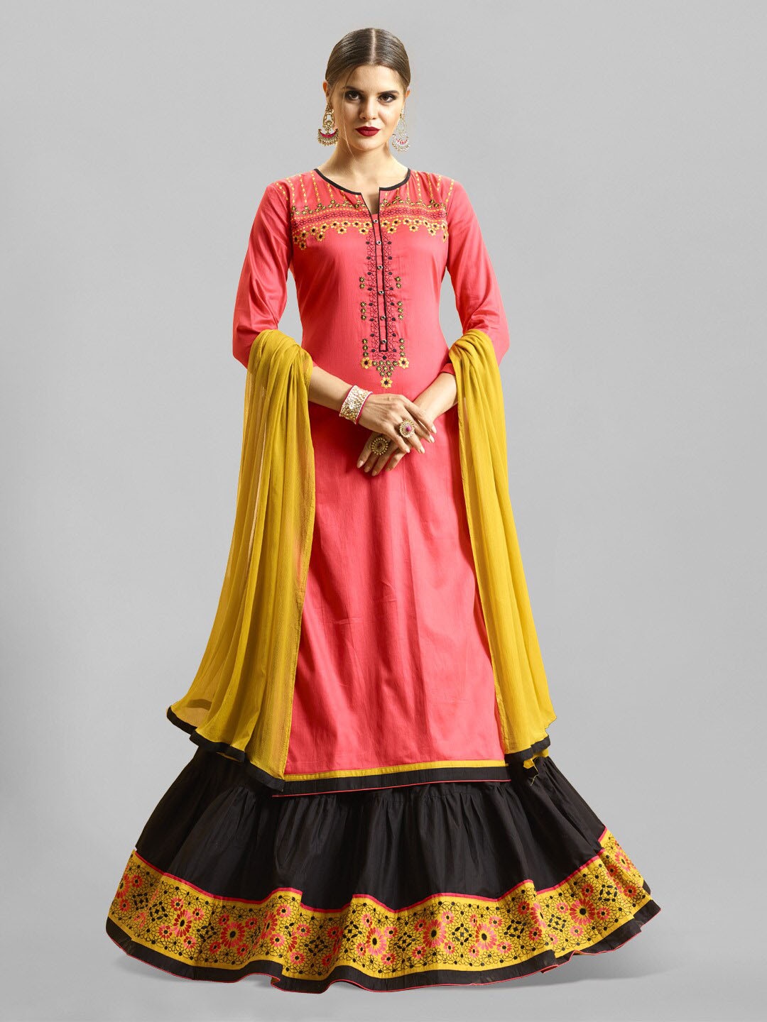 

Kvsfab Coral & Black Embroidered Satin Semi-Stitched Dress Material