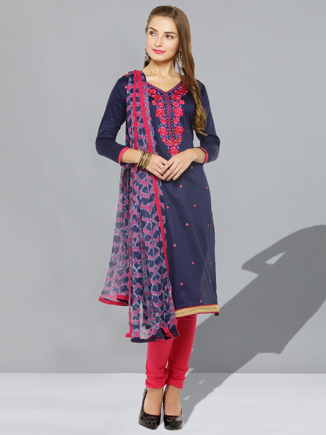 

Kvsfab Navy Blue & Pink Embroidered Satin Unstitched Dress Material