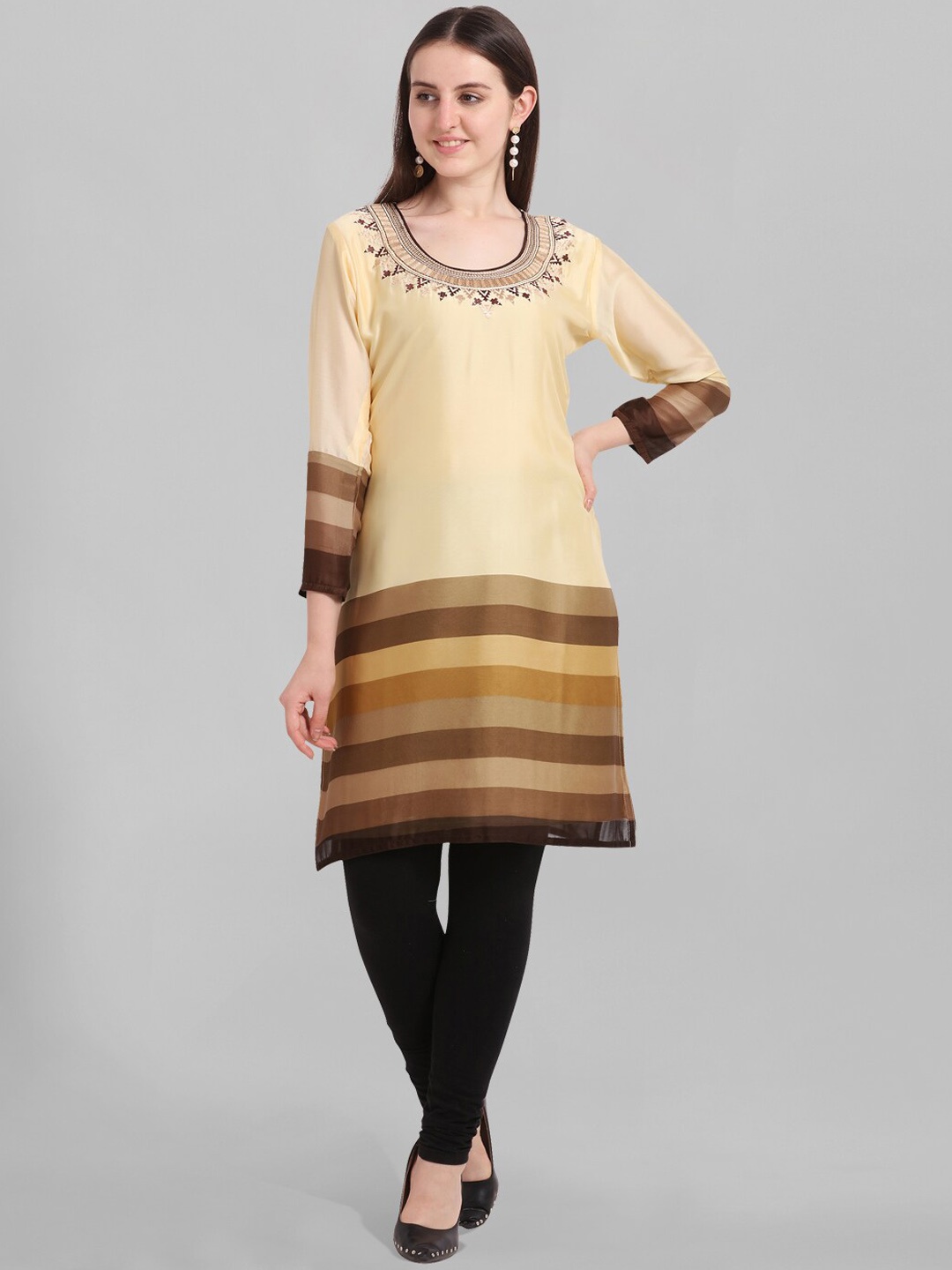 

Kvsfab Striped Thread Work Georgette Kurta, Beige