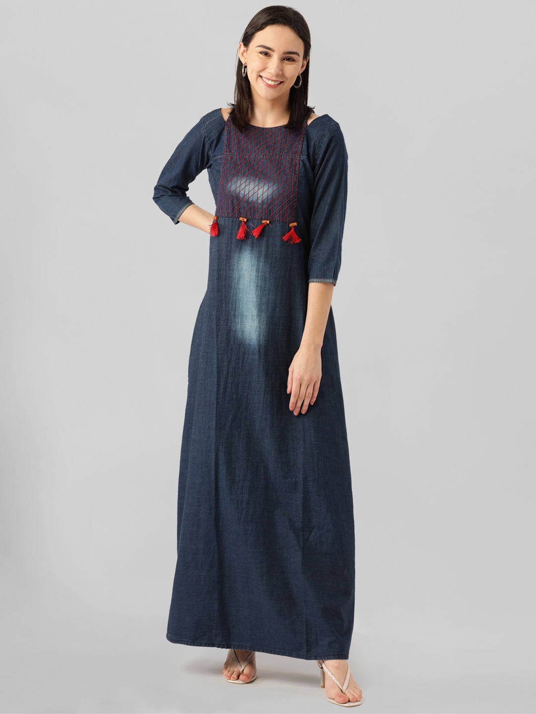 Kvsfab Embroidered A-Line Denim Dress, Blue