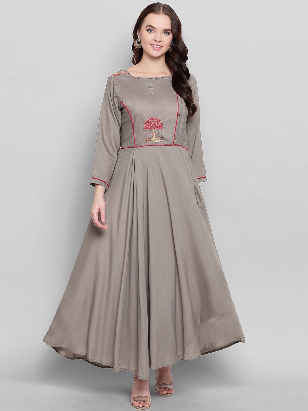 

Kvsfab Ethnic Motif Embroidered Fit & Flare Dress, Grey