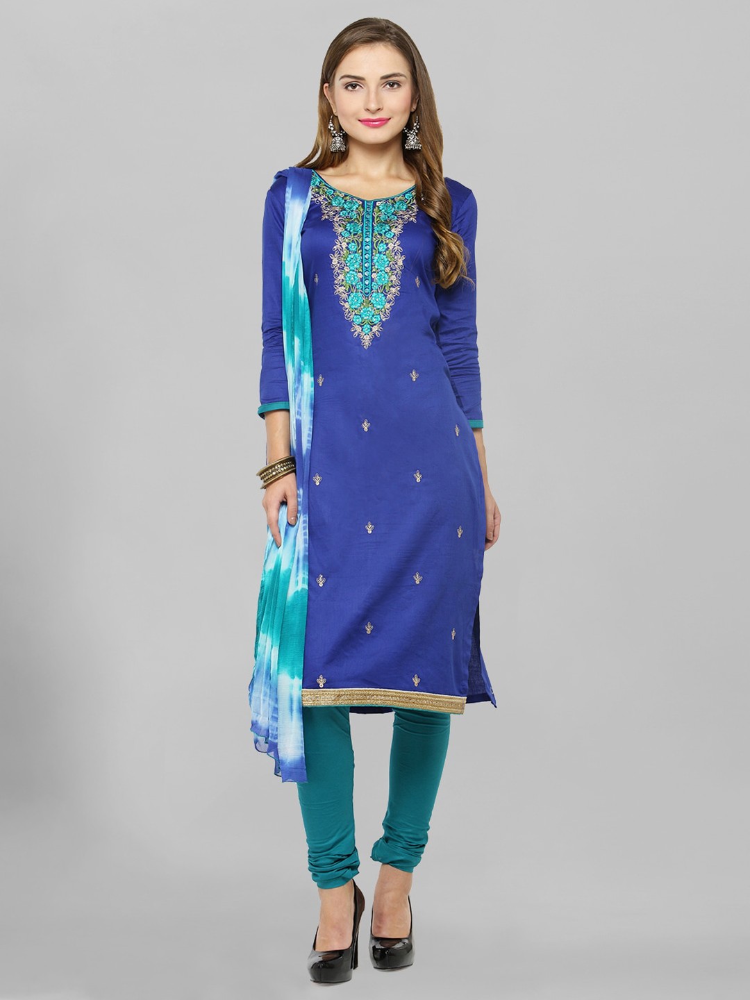 

Kvsfab Navy Blue & Green Embroidered Satin Unstitched Dress Material