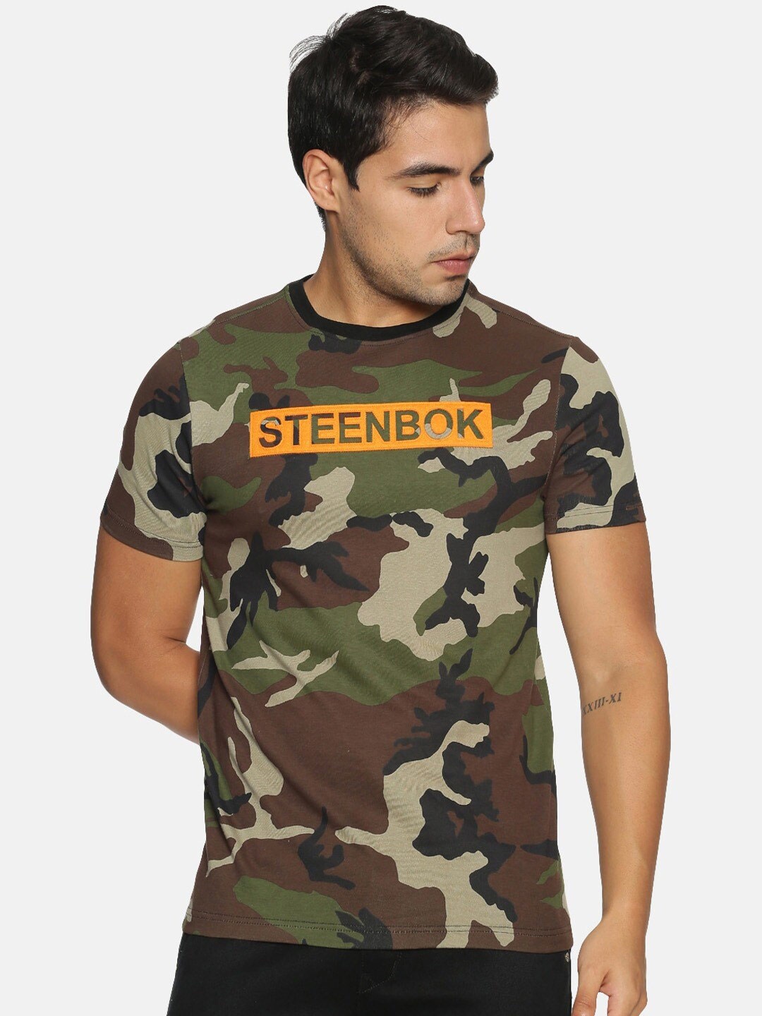 

Steenbok Round Neck Camouflage Printed Pure Cotton T-shirt, Olive