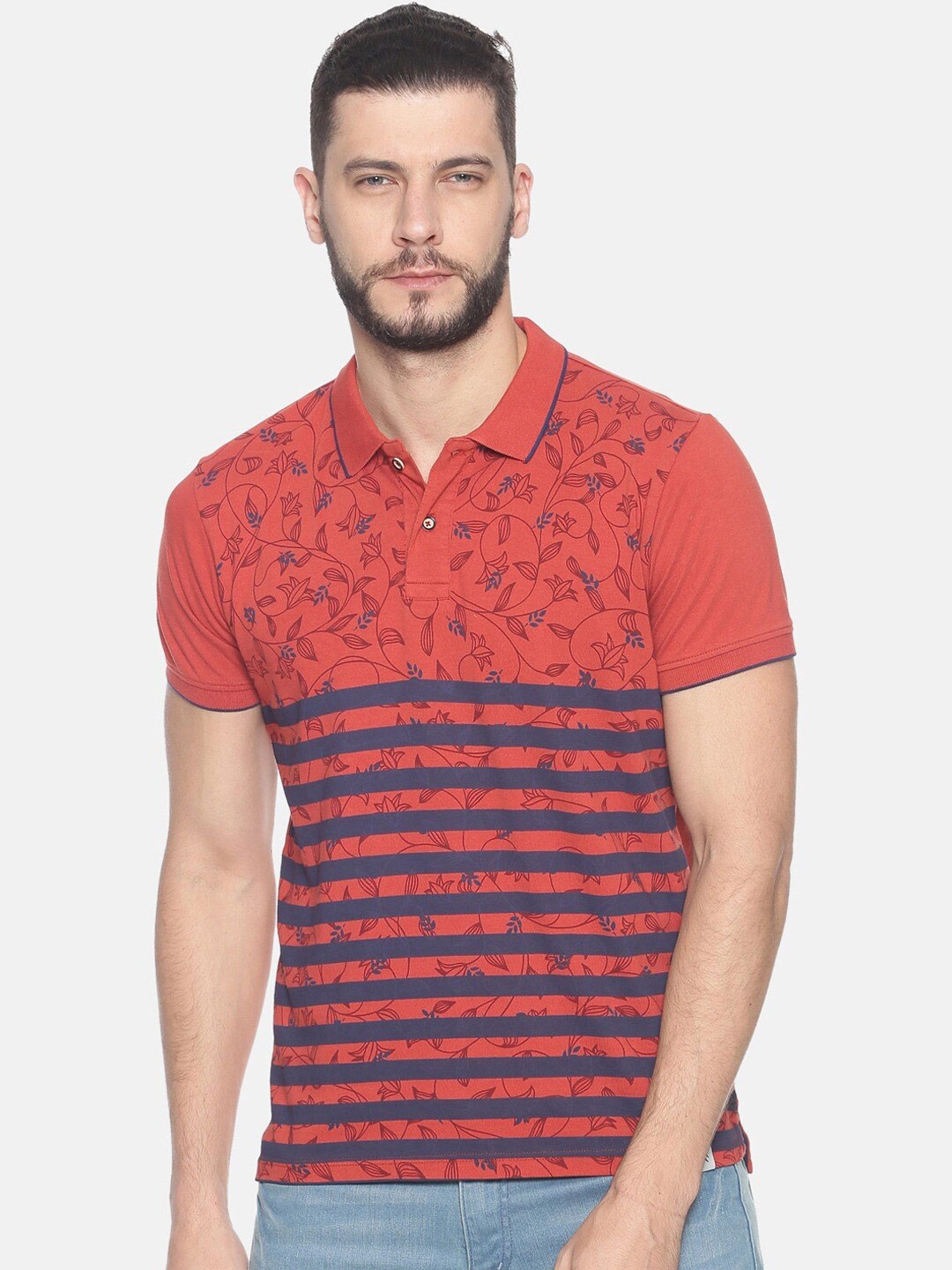 

Steenbok Polo Collar Floral Printed Regular Fit Pure Cotton T-shirt, Red