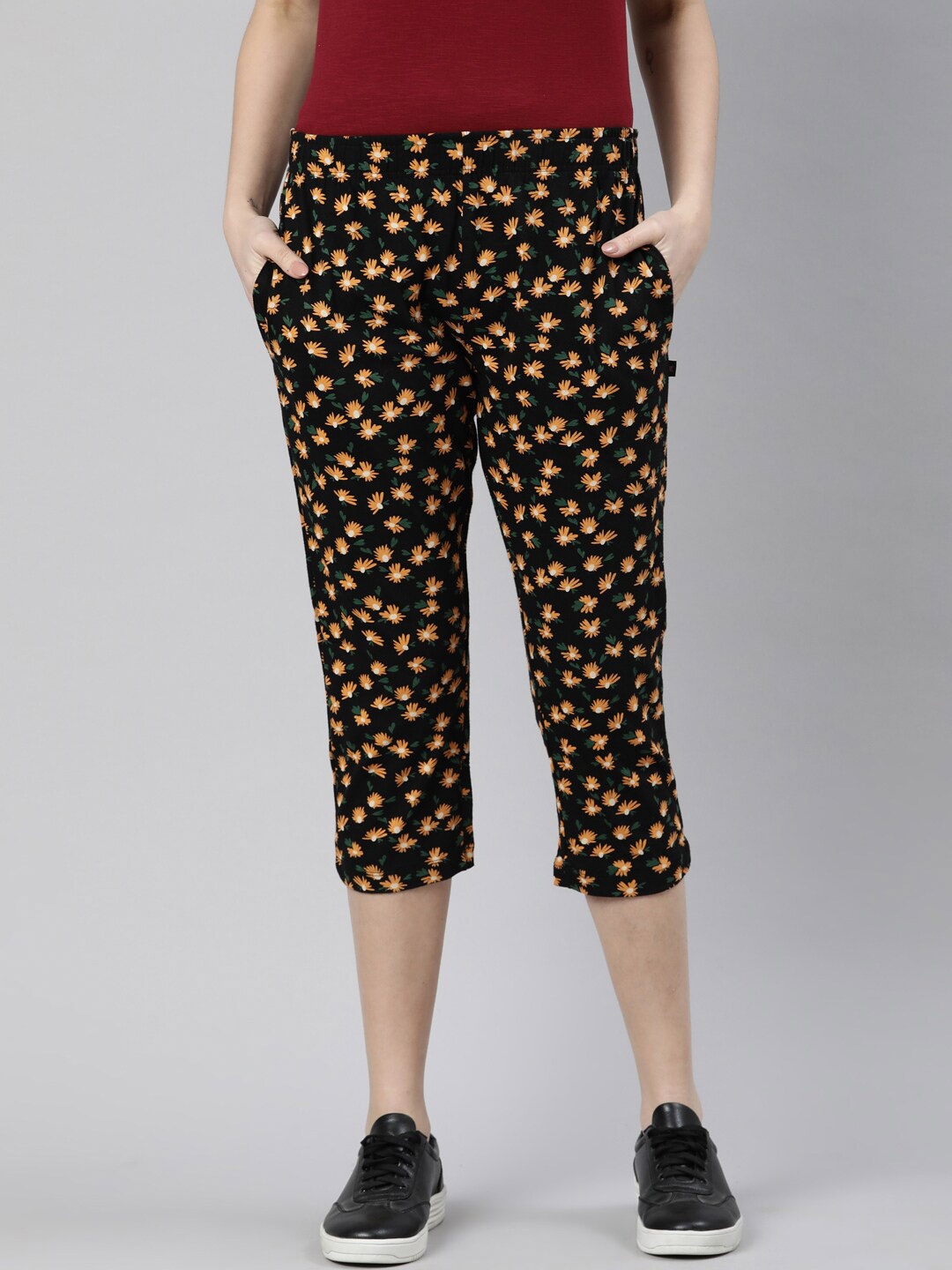 

DIXCY SCOTT Slimz Women Mid-Rise Printed Cotton Capris, Black