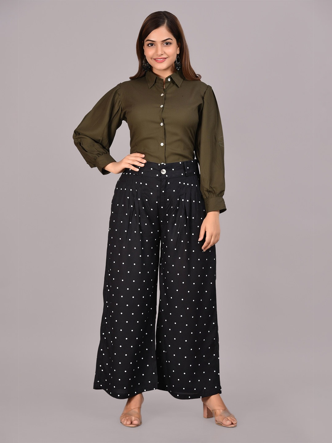 

SkyaSia Shirt With Polka Dots Printed Palazzo, Olive