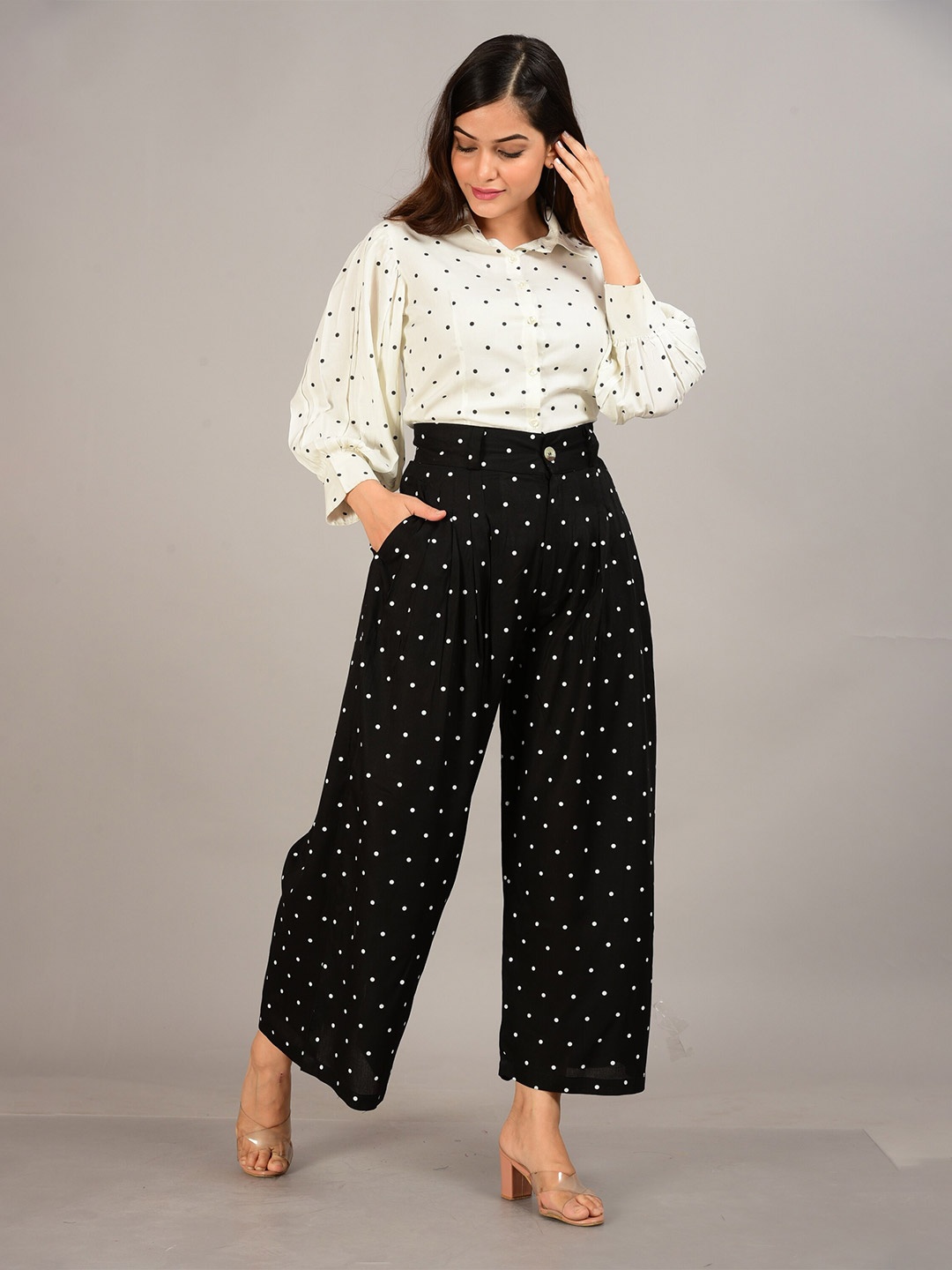 

SkyaSia Polka Dots Printed Shirt With Palazzo, White