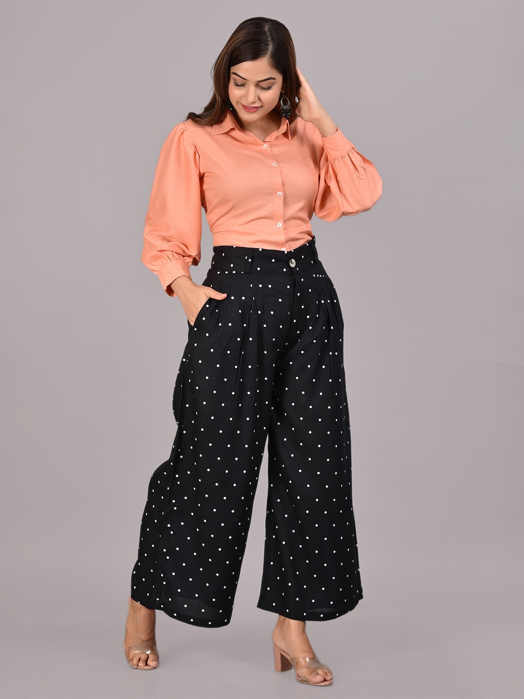 

SkyaSia Shirt With Polka Dots Printed Palazzo, Peach