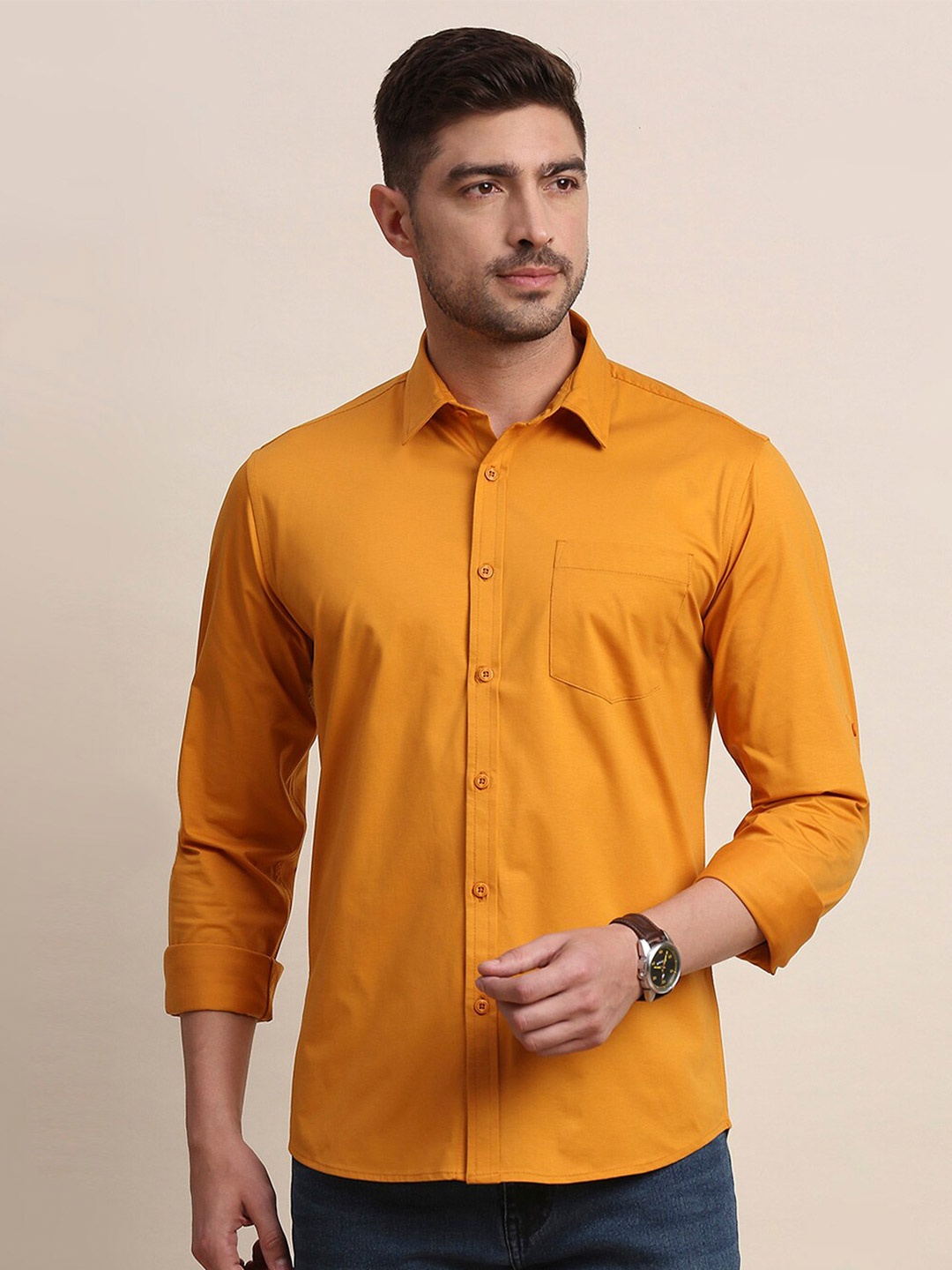 

Moda Rapido Spread Collar Long Sleeves Classic Slim Fit Casual Shirt, Yellow