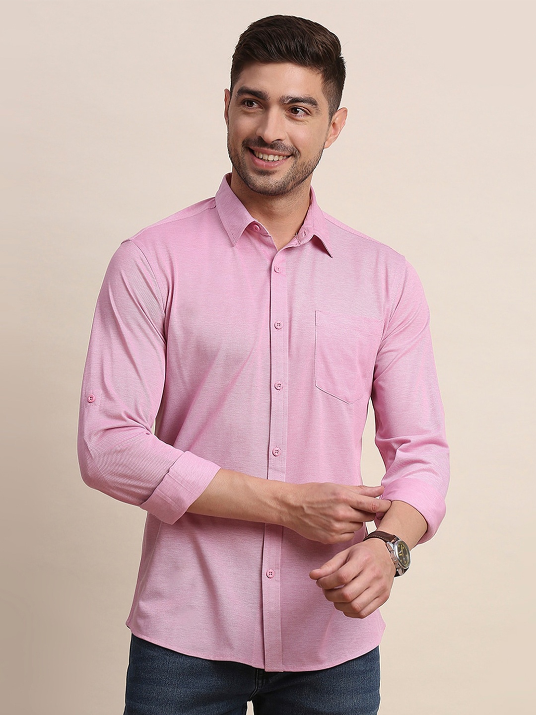 

Moda Rapido Spread Collar Long Sleeves Classic Slim Fit Casual Shirt, Pink