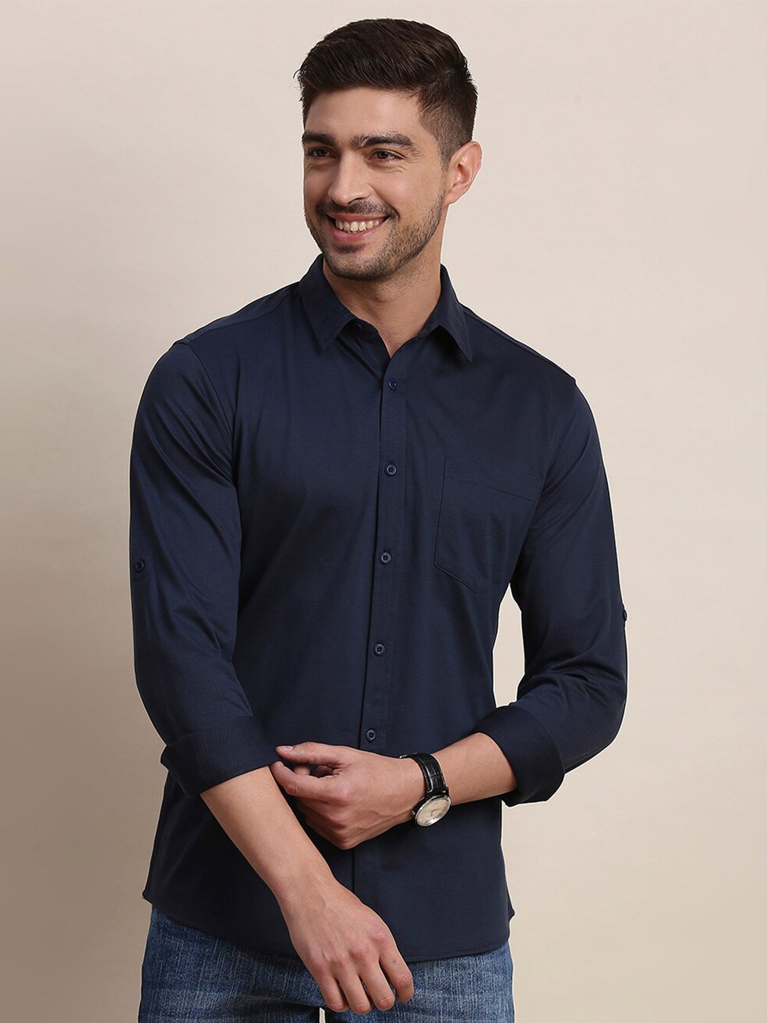 

Moda Rapido Spread Collar Long Sleeves Classic Slim Fit Casual Shirt, Navy blue