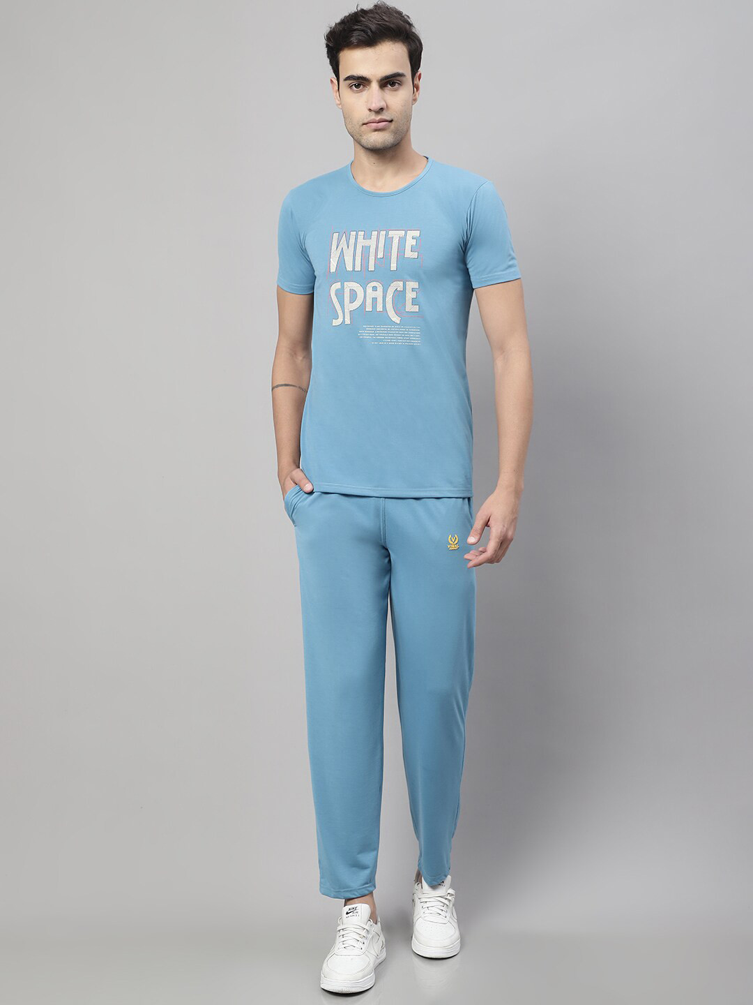 

MACK JONNEY Typography Printed Round Neck Short Sleeves Pure Cotton Co-Ords, Blue