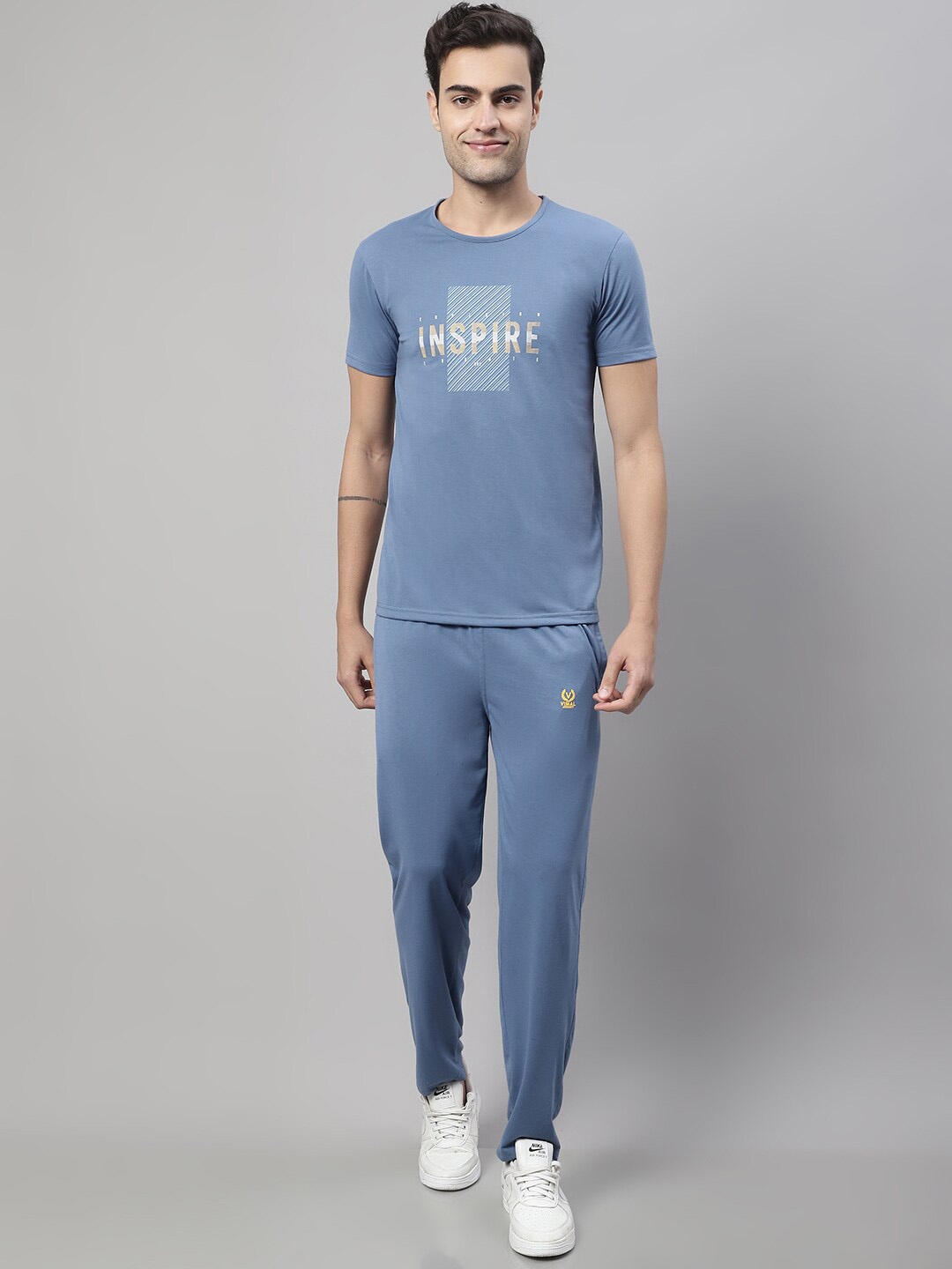 MACK JONNEY Typography Printed Round Neck Short Sleeves Co-Ords, Grey