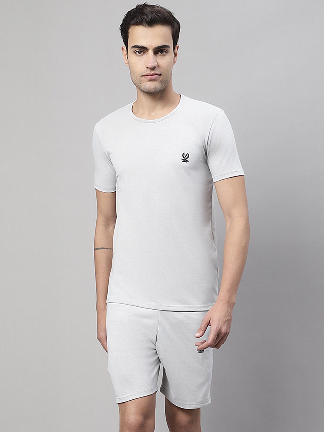 

VIMAL JONNEY Round Neck Short Sleeves Comfort Pure Cotton Co-Ords, Grey