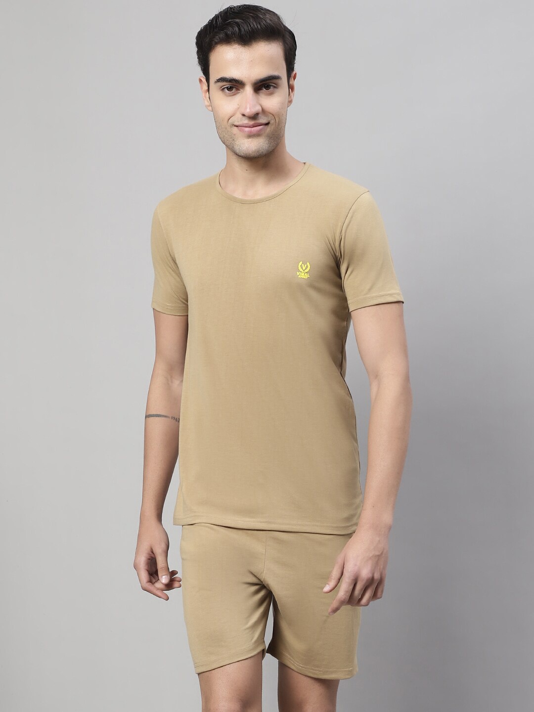 

VIMAL JONNEY Men Skin Friendly T-Shirt & Shorts Co-Ord Set, Beige