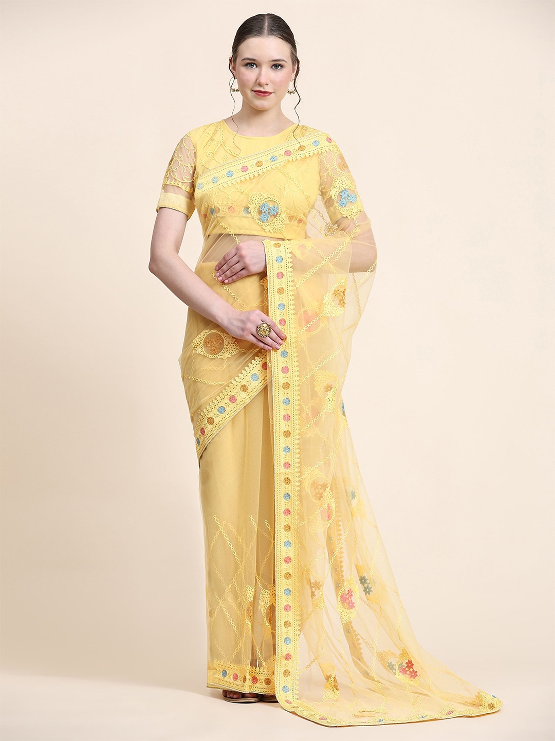 

Nimidiya Yellow & Blue Floral Embroidered Net Heavy Work Saree