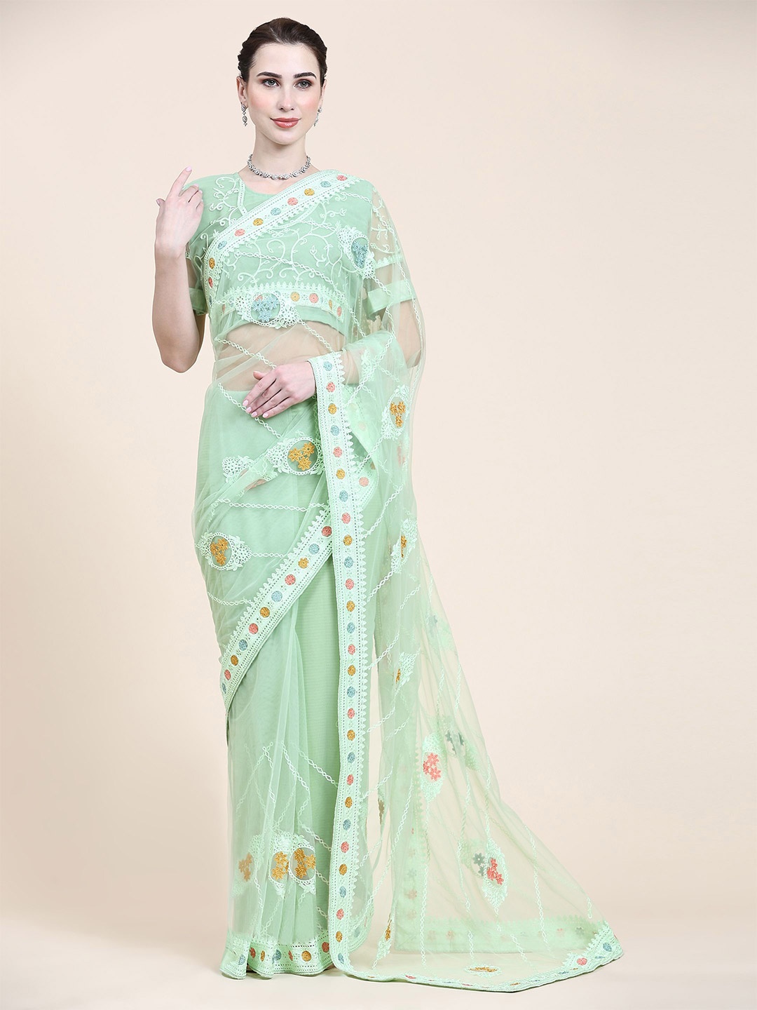 

Nimidiya Sea Green & Blue Floral Embroidered Net Saree