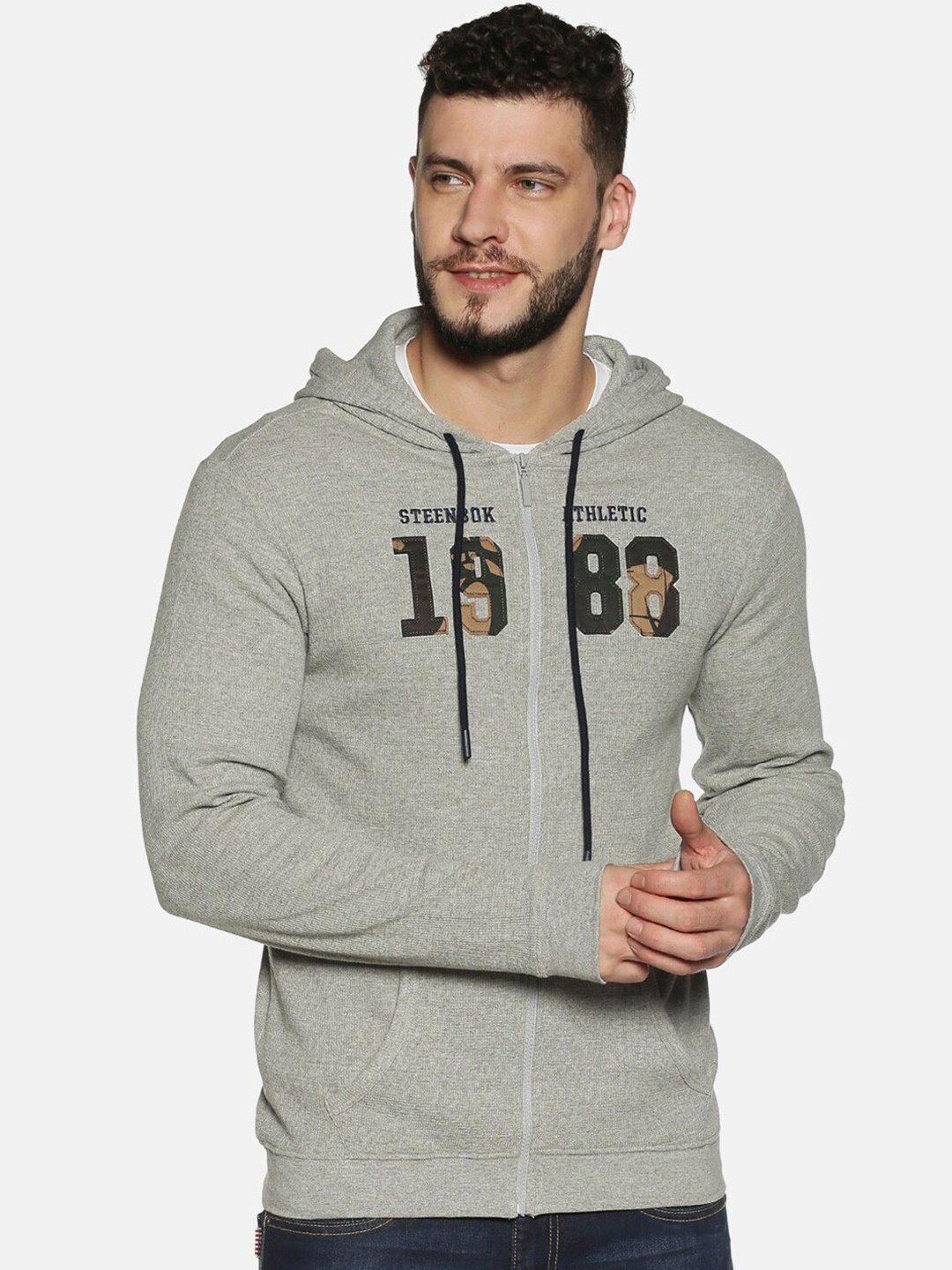 

Steenbok Alphanumeric Printed Hooded Cotton Sweatshirt, Grey melange