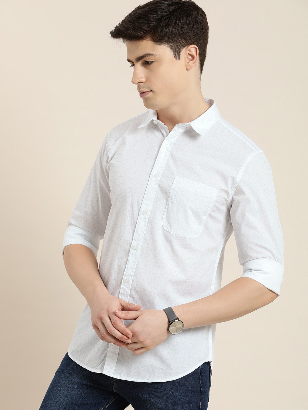 

INVICTUS Slim Fit Geometric Printed Pure Cotton Casual Shirt, White