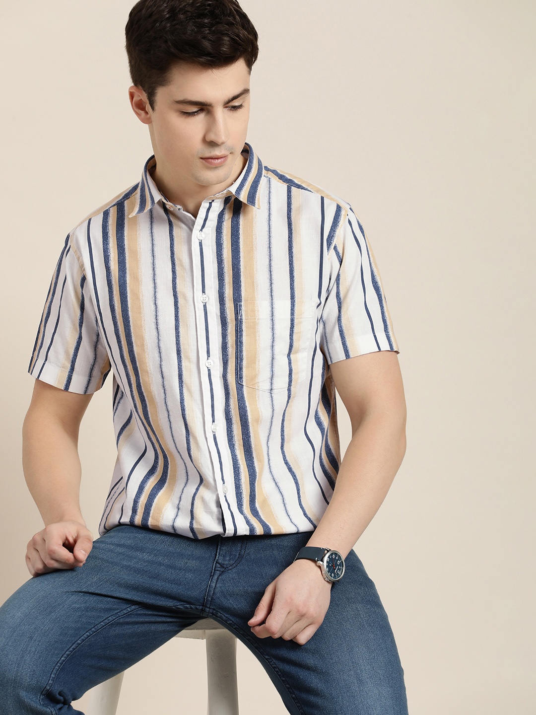 

INVICTUS Slim Fit Striped Pure Cotton Casual Shirt, White
