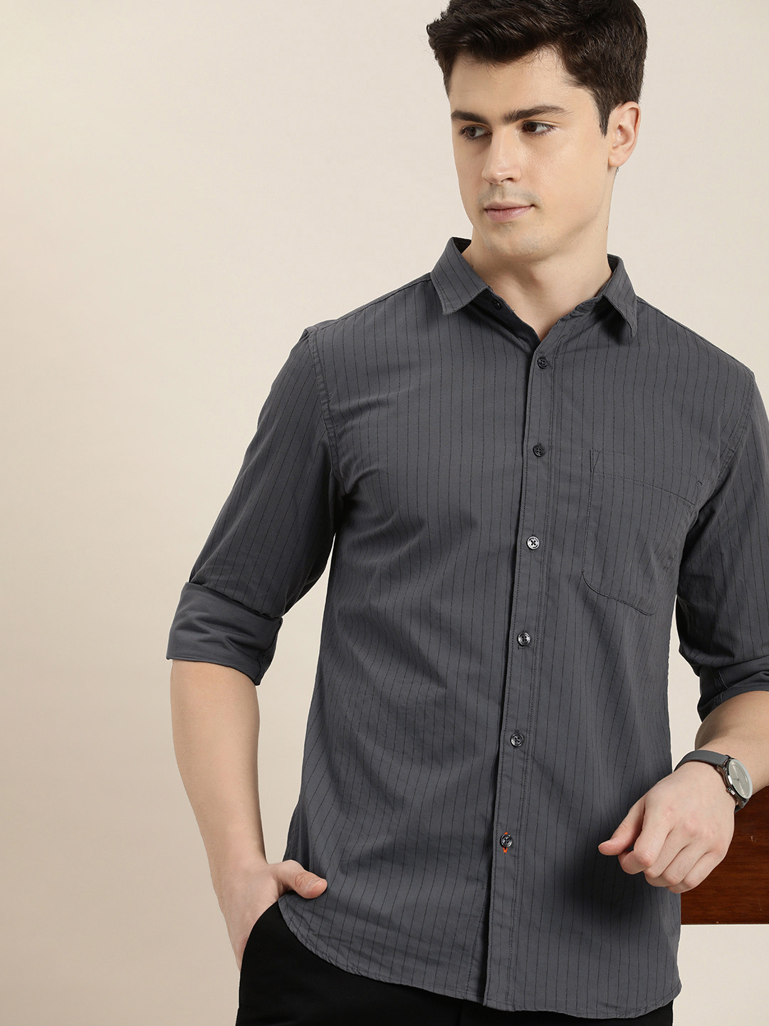 

INVICTUS Slim Fit Striped Pure Cotton Casual Shirt, Grey