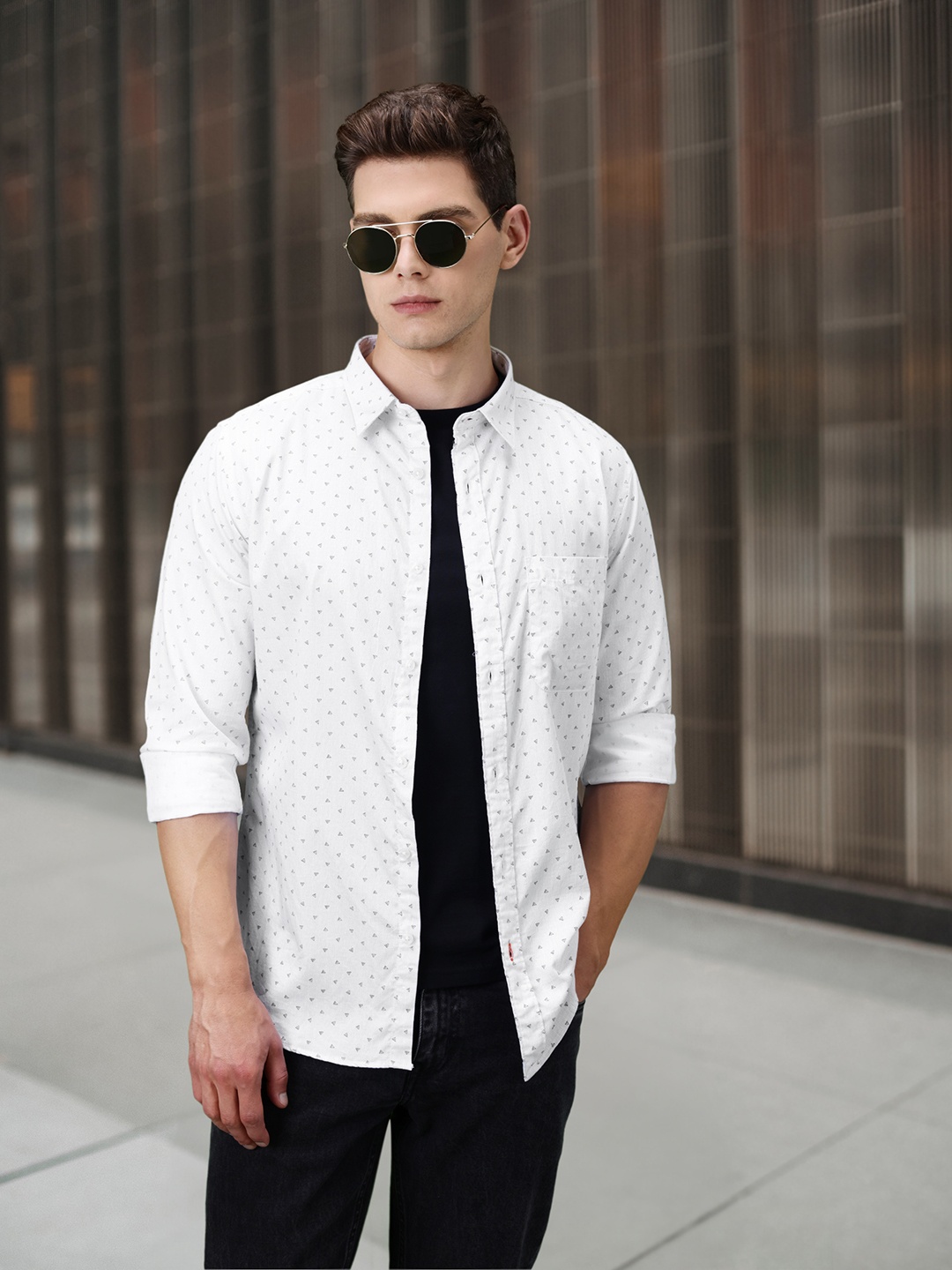 

INVICTUS Sport Slim Fit Micro-Ditsy Geometric Printed Pure Cotton Casual Shirt, White